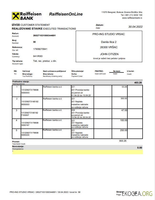 Relevé bancaire Bulgarie Raiffeisen version 2
